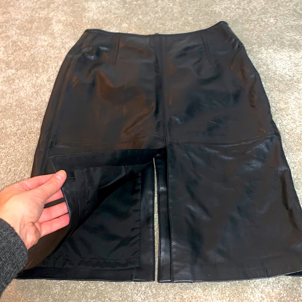 Black leather midi skirt, size 0